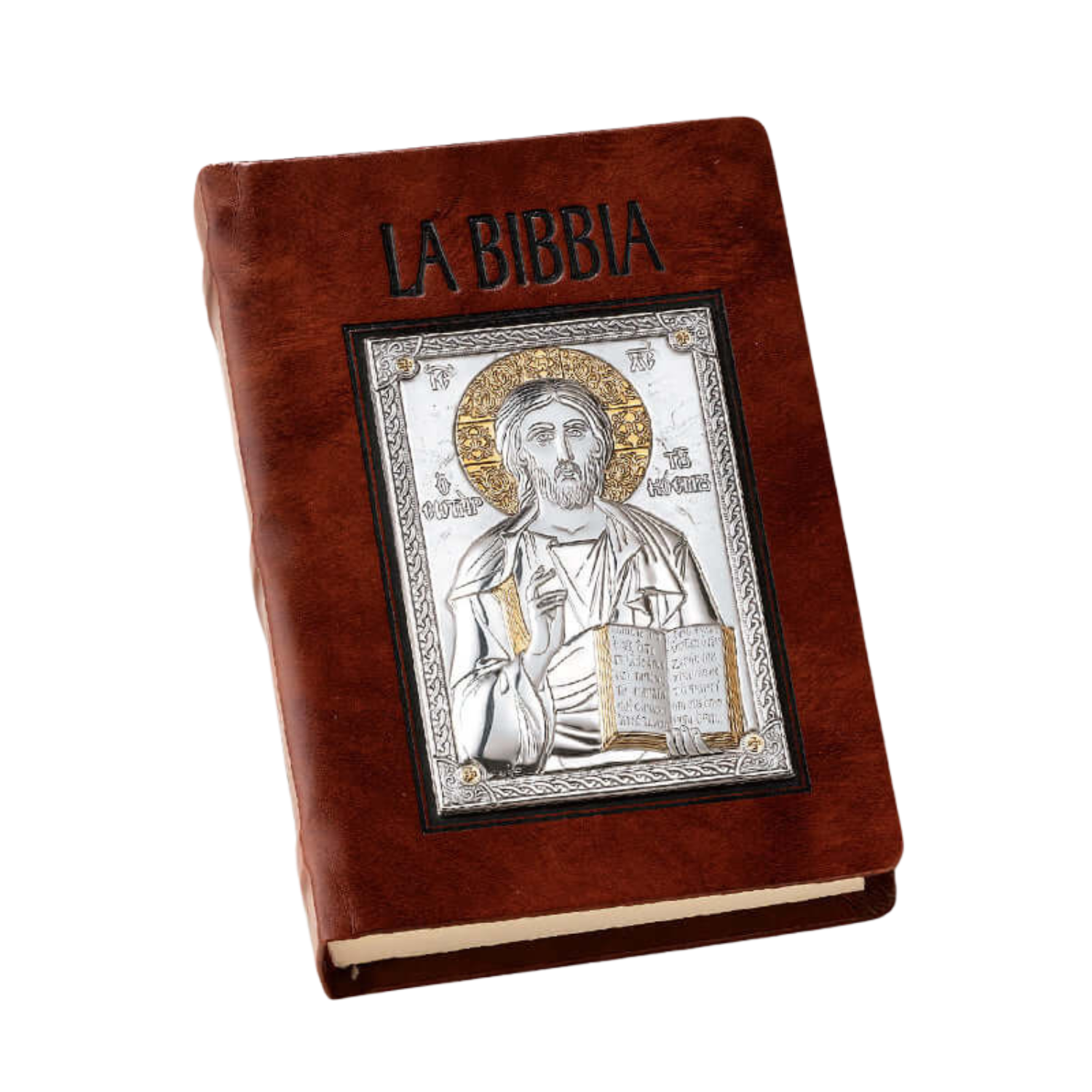 Sacra Bibbia italiana con copertina marrone e placca di Gesù