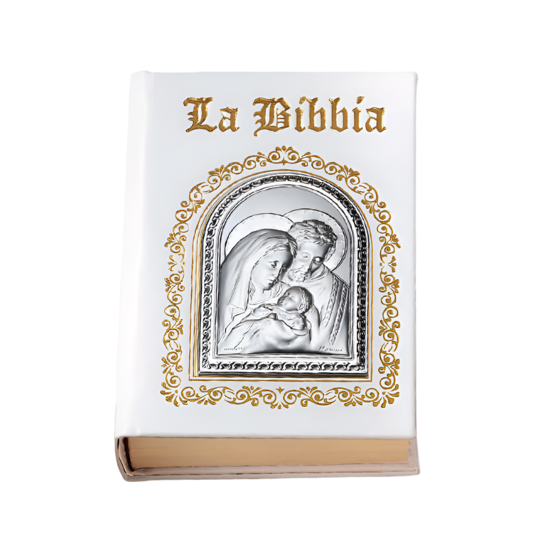 Sacra Bibbia italiana con copertina bianca e placca della Sacra Famiglia